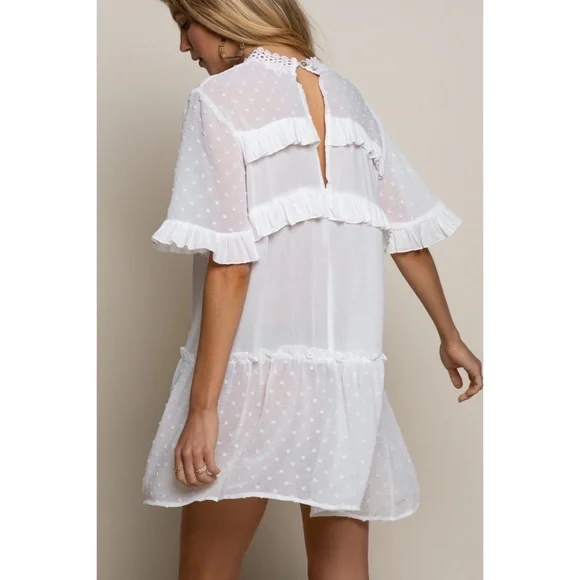 POL Ivory Ethereal Swiss Dot Mock Neck Lace Inset Mini Dress - Picture 5 of 7